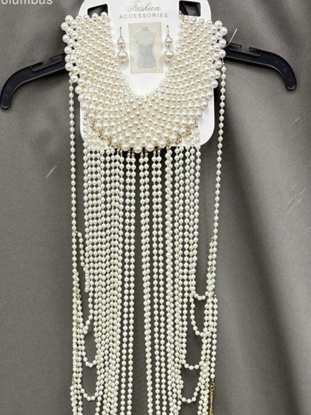 White Faux Pearl Multi-Strand Drape Vest Jewelry Set with 1.5" Earrings